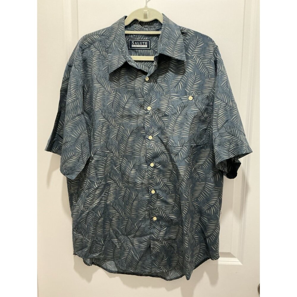 Oleg Cassini Salute Shirt LARGE Mens Button Up Short Sleeve Leaf Print Blue